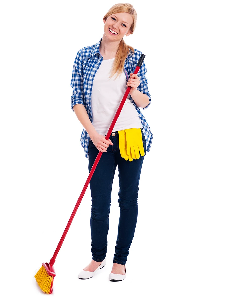 Smiling Cleaner with Broom Woman holding a broom with yellow gloves, on white background.