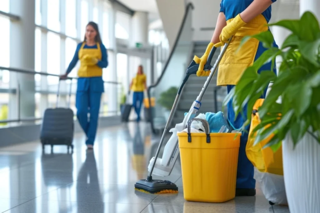 Female janitor with cleaning supplies
