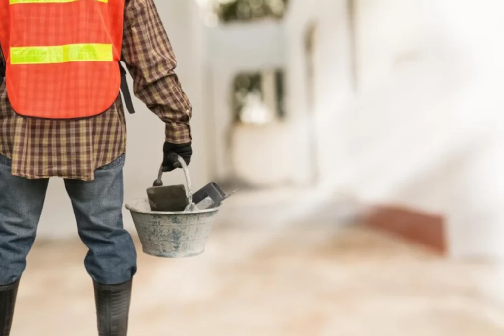 Midsection of worker holding bucket with hand tools at construction site