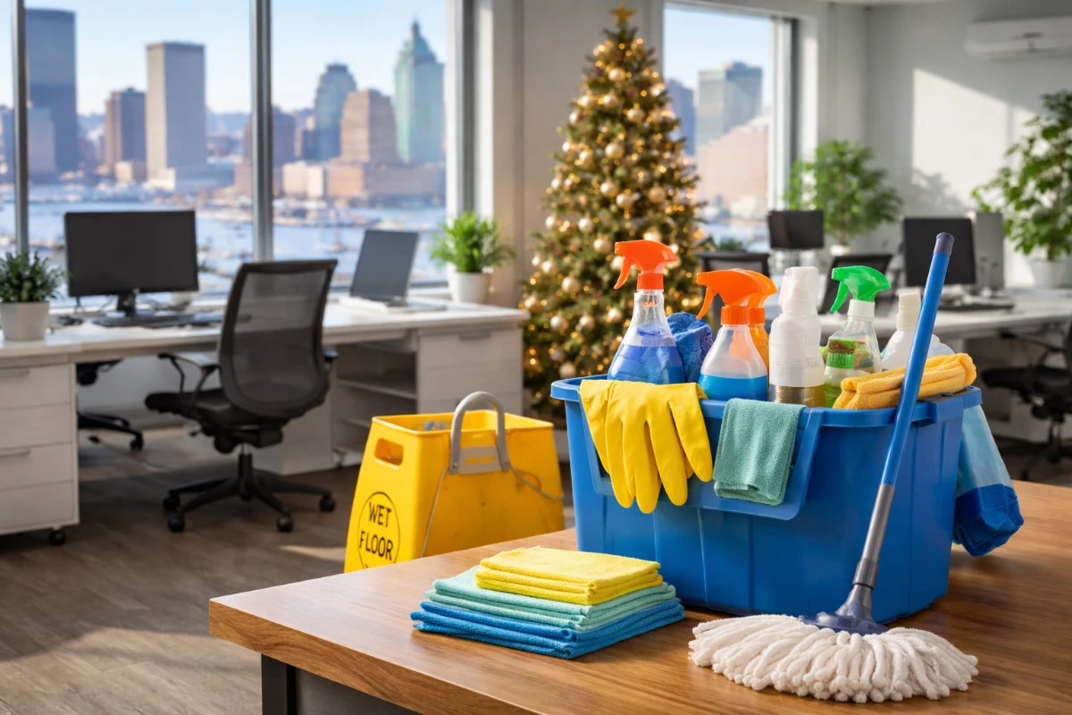 Office cleaning supplies set up in a modern Baltimore office during December, with desks, city view, and holiday décor in the background