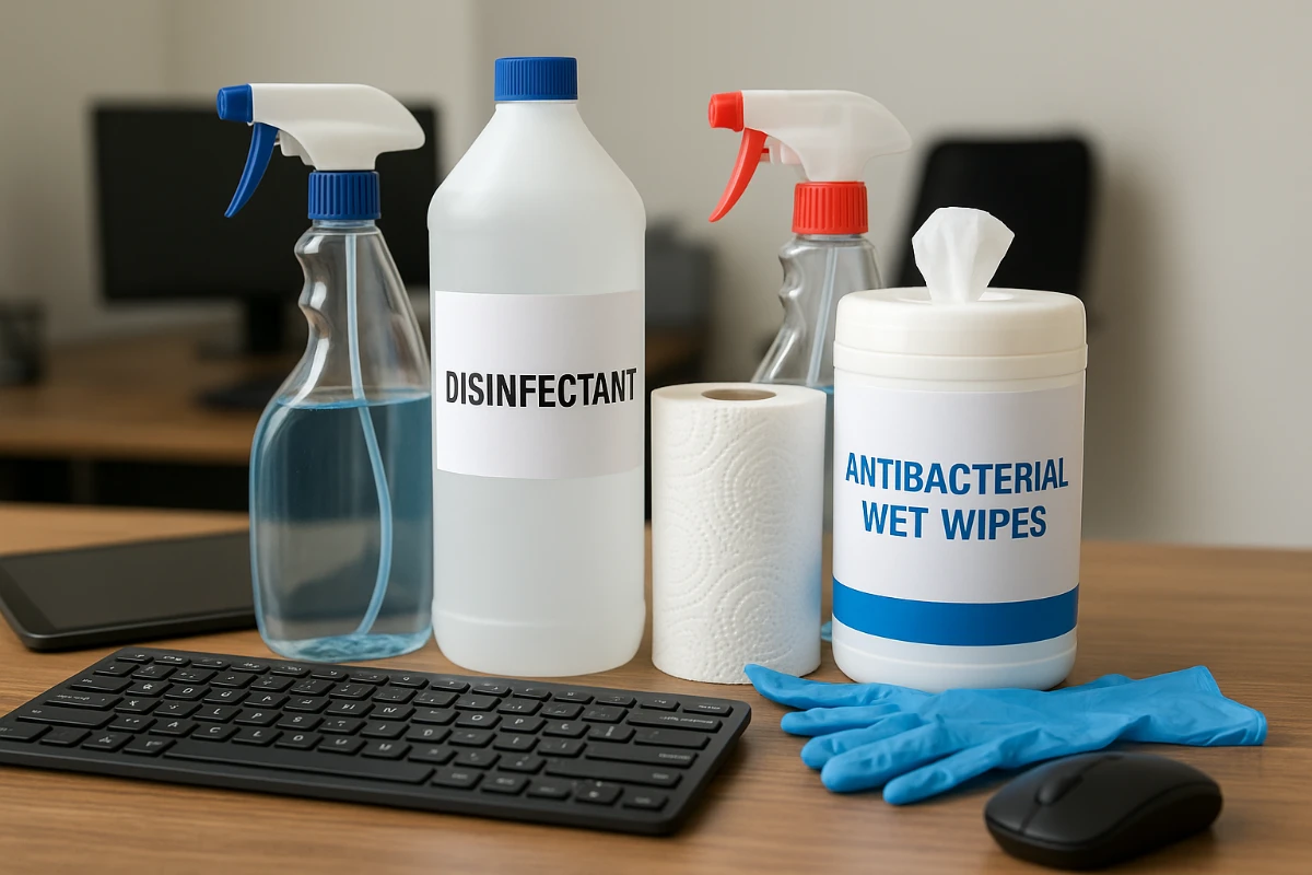 Cleaning supplies and electronics on an office desk showing safe disinfectant options for shared devices and equipment.